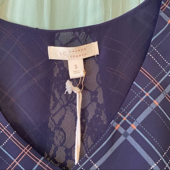 LC Lauren Conrad Bell Sleeve Blouse NWT Blue Plaid Lace Small - Picture 2 of 11